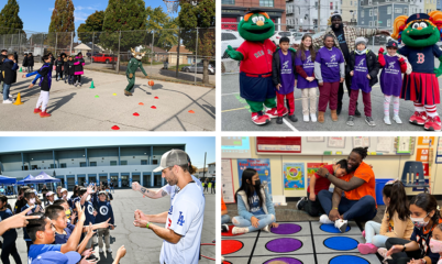 athletes playing with students